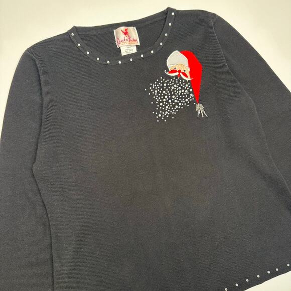 Quacker Factory Black Cotton Blend Santa Christmas Sweater with Rhinestones - Picture 2 of 8
